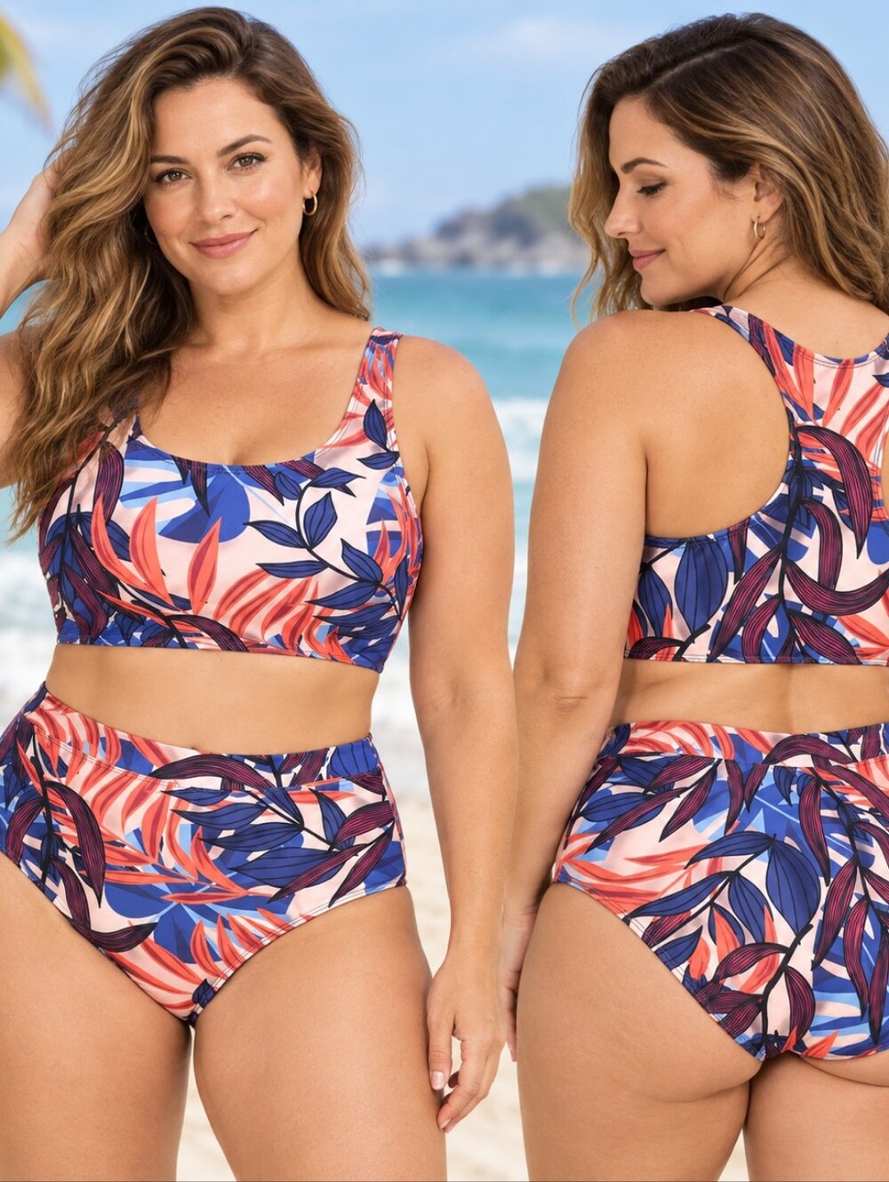 Tropical Floral Two Piece Swimsuit Size M High Waisted Beachcore Resortcore Coas